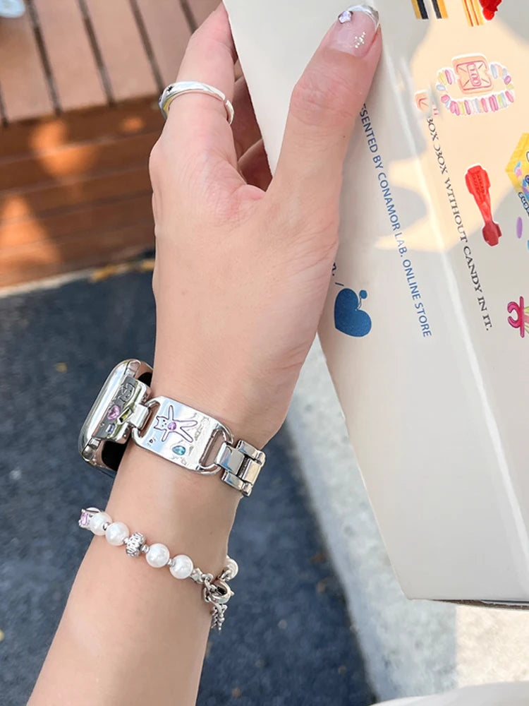 Cute Cat Glossy Metal Band For iWatch Ultra 10 9 8 7 42 45mm 46mm 49mm Diamond Bracelet Strap For Apple Watch 38mm 41mm 6 5 SE 4