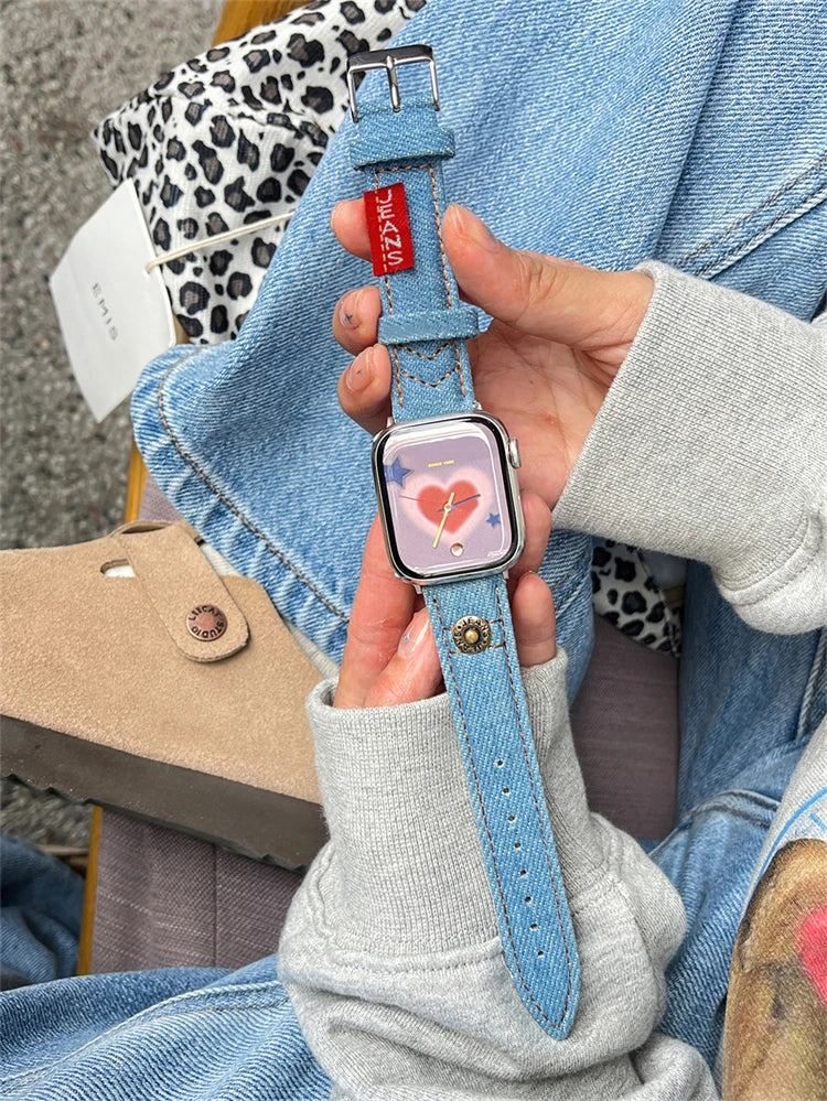 Luxury Leather Band For iWatch Ultra 10 9 8 7 6 5 4 SE Y2k Denim Bracelet Strap For Apple Watch 38mm 41mm 40 42mm 45mm 46mm 49mm