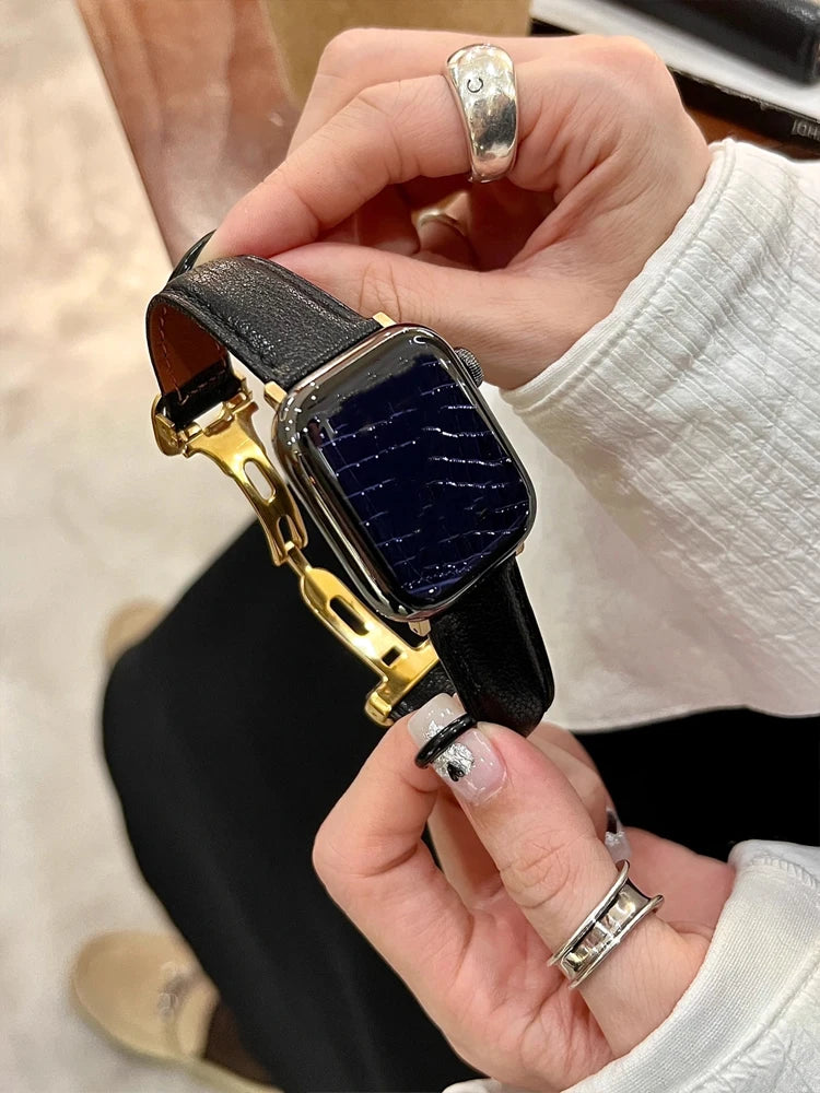 Luxury Real Leather Band For Apple Watch Ultra 10 9 8 7 6 5 4 Women Bracelet Strap For iWatch 38mm 40mm 41mm 42mm 45mm 46mm 49mm