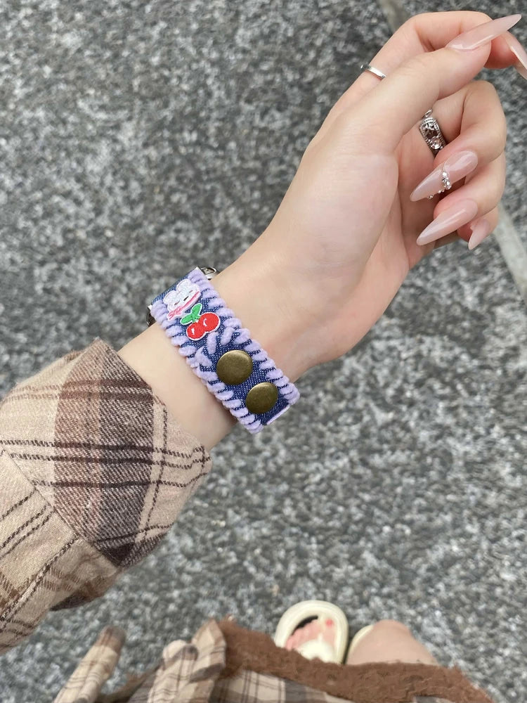 Cute Bear Leather Band For iWatch Ultra 10 9 8 7 6 5 SE 4 Denim Girl Bracelet Strap For Apple Watch 38mm 41mm 42 45mm 46mm 49mm