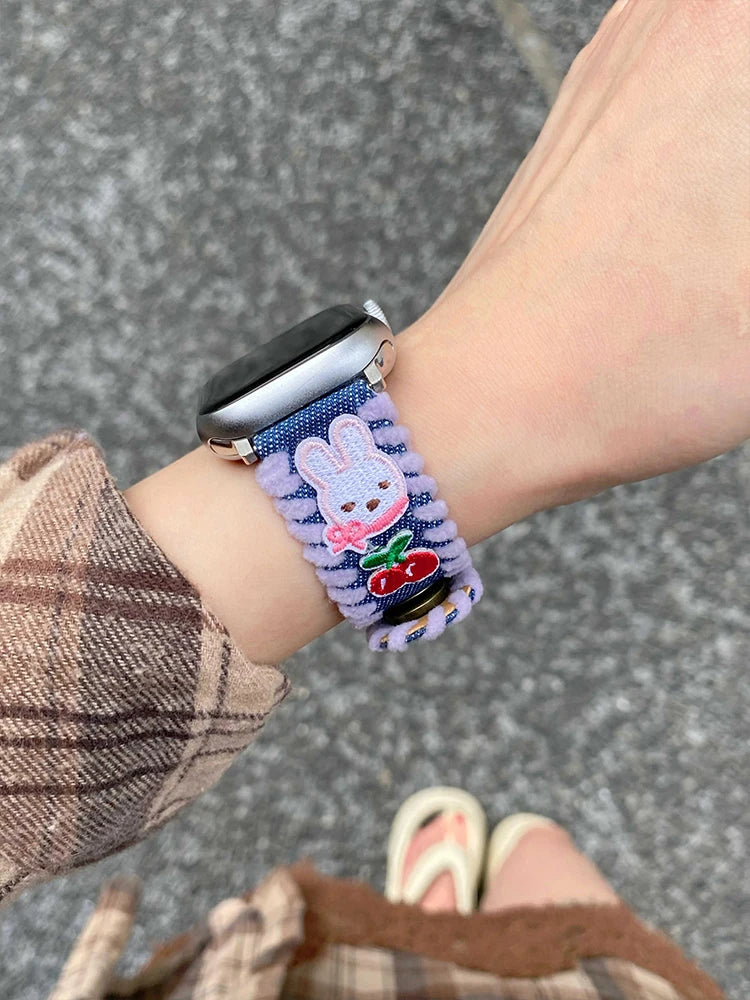 Cute Bear Leather Band For iWatch Ultra 10 9 8 7 6 5 SE 4 Denim Girl Bracelet Strap For Apple Watch 38mm 41mm 42 45mm 46mm 49mm