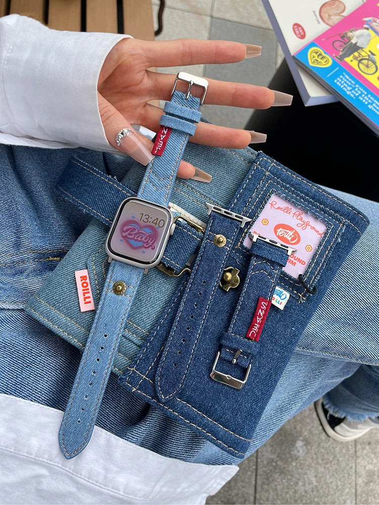 Luxury Leather Band For iWatch Ultra 10 9 8 7 6 5 4 SE Y2k Denim Bracelet Strap For Apple Watch 38mm 41mm 40 42mm 45mm 46mm 49mm