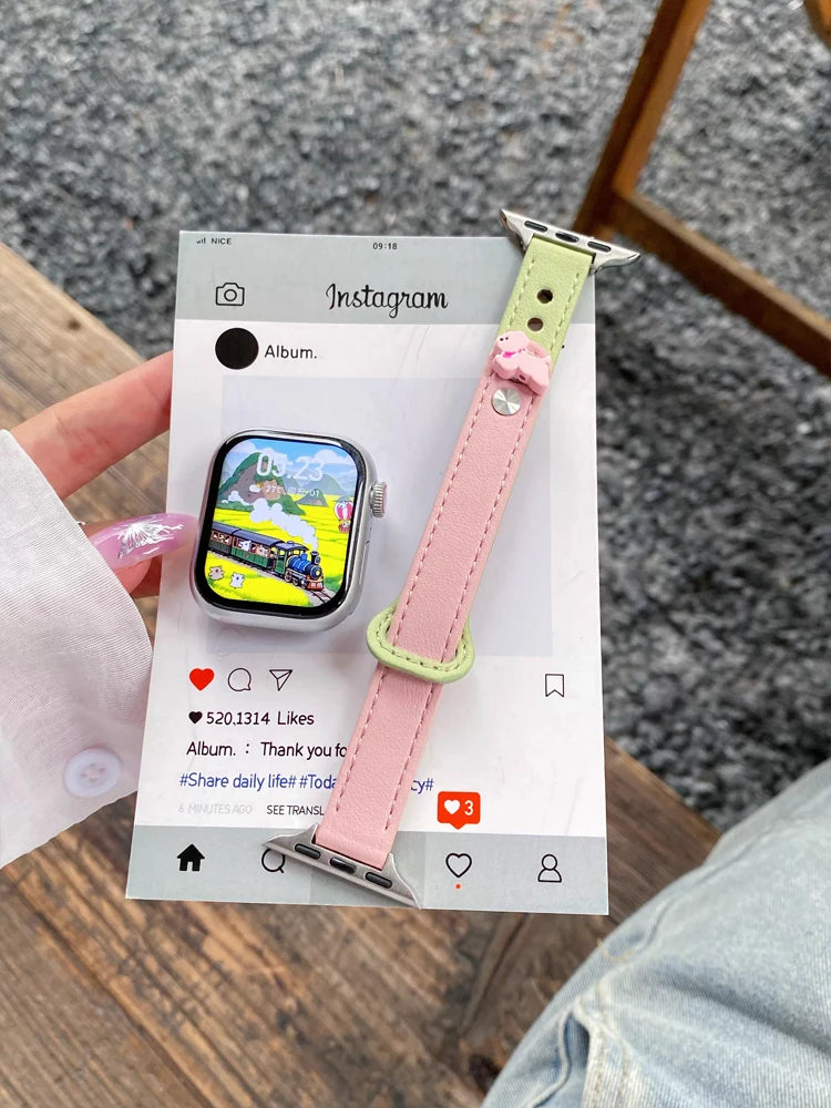 Cute Dog Leather Band For iWatch Ultra 10 9 8 7 6 5 4 Slim Woman Bracelet Strap For Apple Watch 38mm 40mm 41mm 42mm 45 46mm 49mm