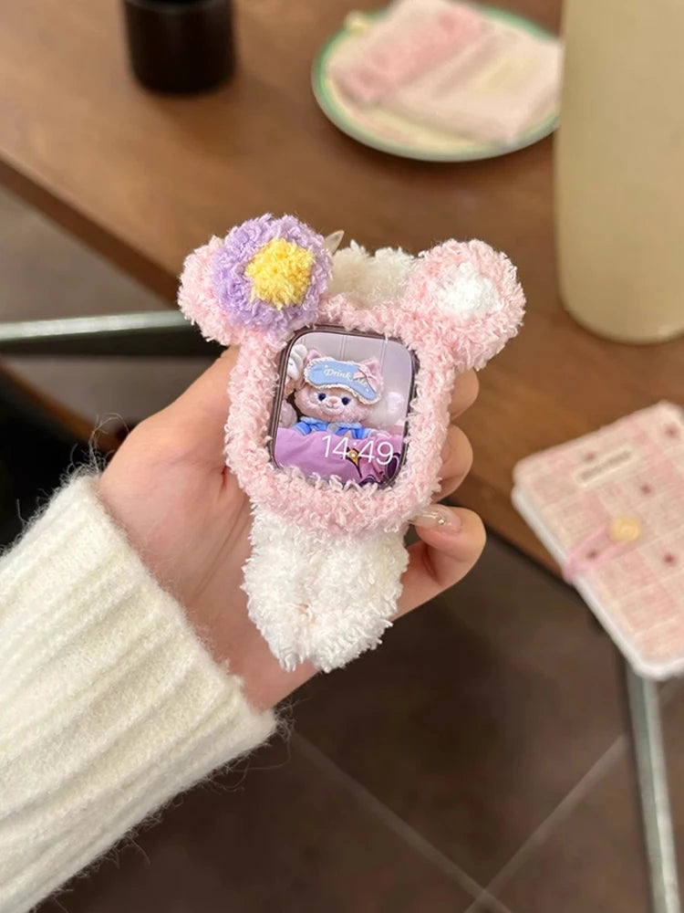 Korea Cute Plush Band+Case For Apple Watch 46mm 45mm 44 40mm 42mm 41mm Elastic Loop Bracelet Strap For iWatch 10 9 8 7 SE 6 5 4