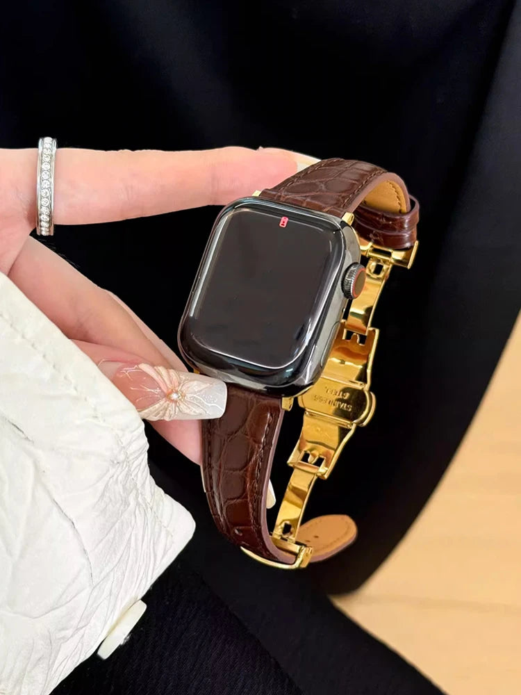 Real Leather Band For Apple Watch 38mm 41mm 40mm 42mm 45mm 46mm 49mm Luxury Slim Woman Strap For iWatch Ultra 10 9 8 7 SE 6 5 4