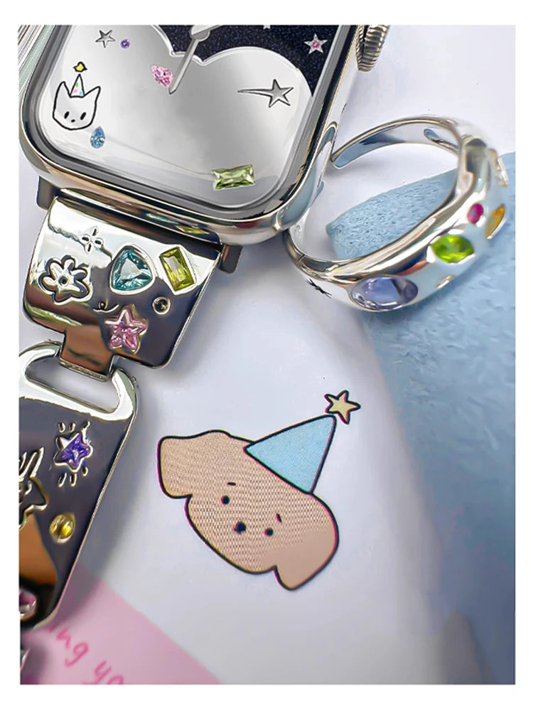 Cute Cat Glossy Metal Band For iWatch Ultra 10 9 8 7 42 45mm 46mm 49mm Diamond Bracelet Strap For Apple Watch 38mm 41mm 6 5 SE 4