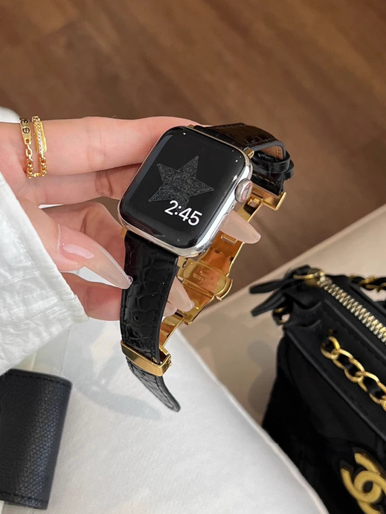 Real Leather Band For Apple Watch 38mm 41mm 40mm 42mm 45mm 46mm 49mm Luxury Slim Woman Strap For iWatch Ultra 10 9 8 7 SE 6 5 4