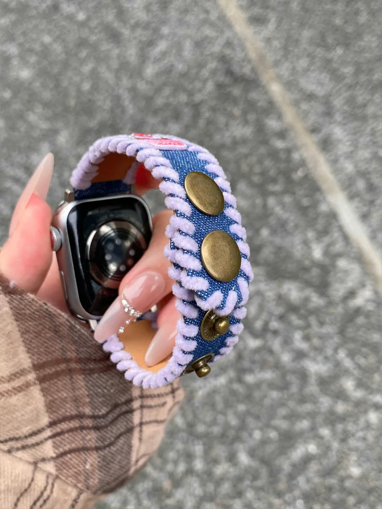 Cute Bear Leather Band For iWatch Ultra 10 9 8 7 6 5 SE 4 Denim Girl Bracelet Strap For Apple Watch 38mm 41mm 42 45mm 46mm 49mm