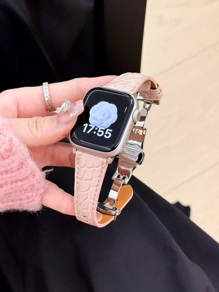 Real Leather Band For Apple Watch 38mm 41mm 40mm 42mm 45mm 46mm 49mm Luxury Slim Woman Strap For iWatch Ultra 10 9 8 7 SE 6 5 4