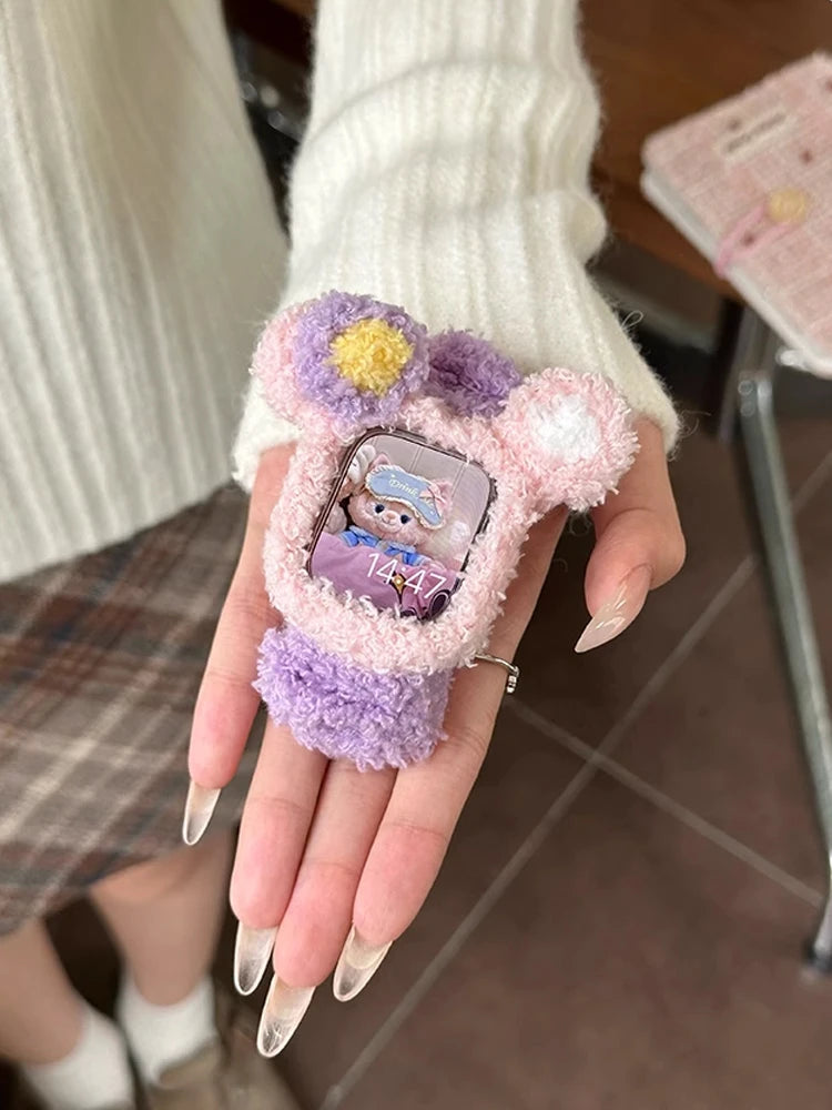 Korea Cute Plush Band+Case For Apple Watch 46mm 45mm 44 40mm 42mm 41mm Elastic Loop Bracelet Strap For iWatch 10 9 8 7 SE 6 5 4