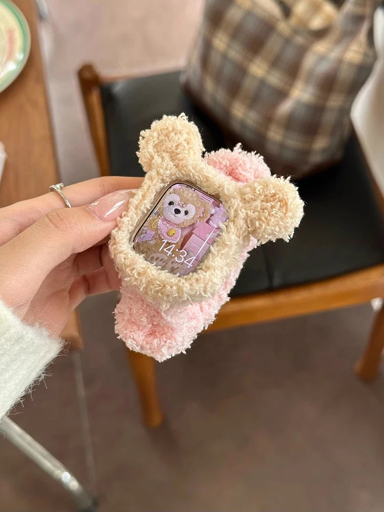 Korea Cute Plush Band+Case For Apple Watch 46mm 45mm 44 40mm 42mm 41mm Elastic Loop Bracelet Strap For iWatch 10 9 8 7 SE 6 5 4