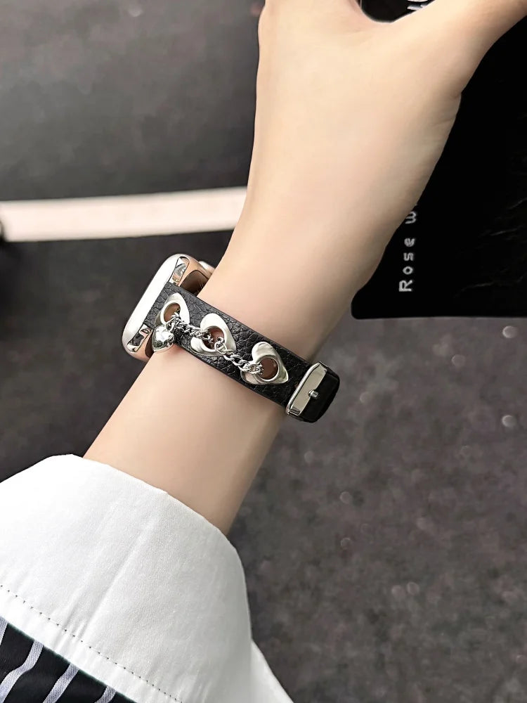 Y2K Leather Band For iWatch Ultra 11 10 9 8 7 6 5 Se Love Metal Bracelet Strap For Apple Watch 40mm 41 42mm 44mm 45mm 46mm 49mm