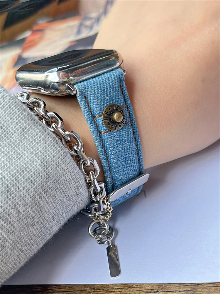 Luxury Leather Band For iWatch Ultra 10 9 8 7 6 5 4 SE Y2k Denim Bracelet Strap For Apple Watch 38mm 41mm 40 42mm 45mm 46mm 49mm