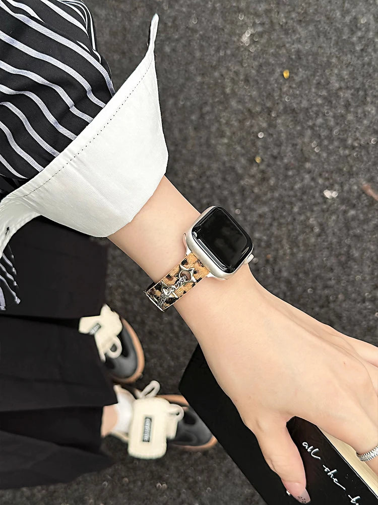 Y2K Leather Band For iWatch Ultra 11 10 9 8 7 6 5 Se Love Metal Bracelet Strap For Apple Watch 40mm 41 42mm 44mm 45mm 46mm 49mm