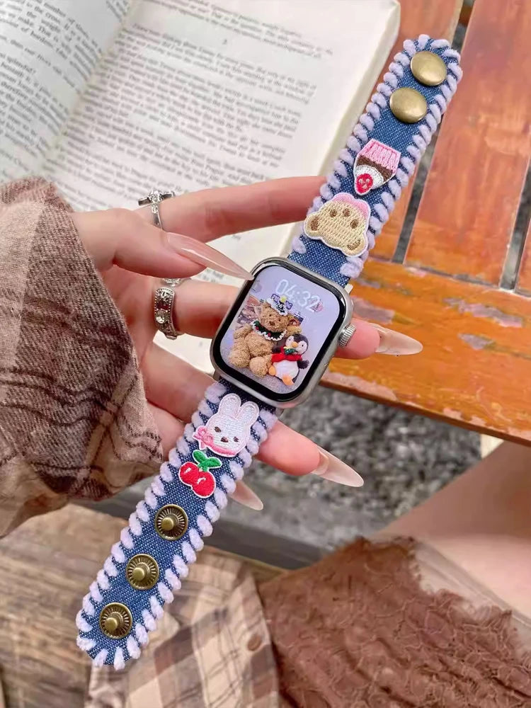 Cute Bear Leather Band For iWatch Ultra 10 9 8 7 6 5 SE 4 Denim Girl Bracelet Strap For Apple Watch 38mm 41mm 42 45mm 46mm 49mm