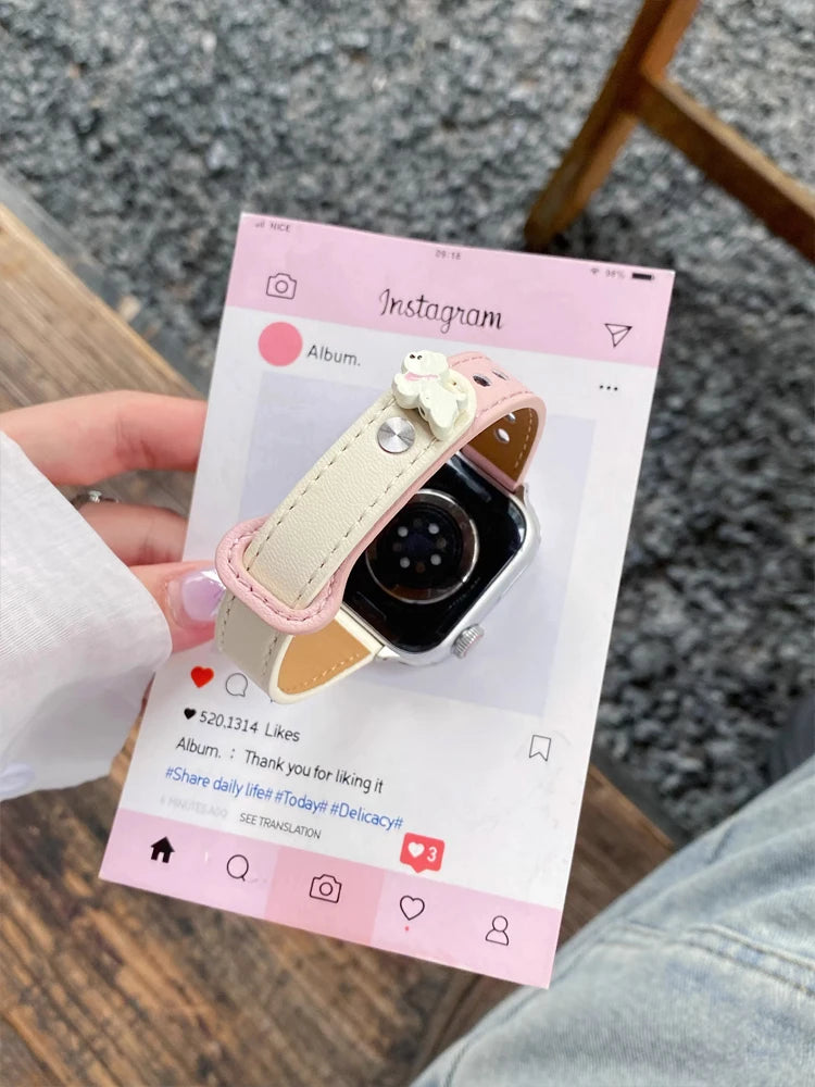 Cute Dog Leather Band For iWatch Ultra 10 9 8 7 6 5 4 Slim Woman Bracelet Strap For Apple Watch 38mm 40mm 41mm 42mm 45 46mm 49mm