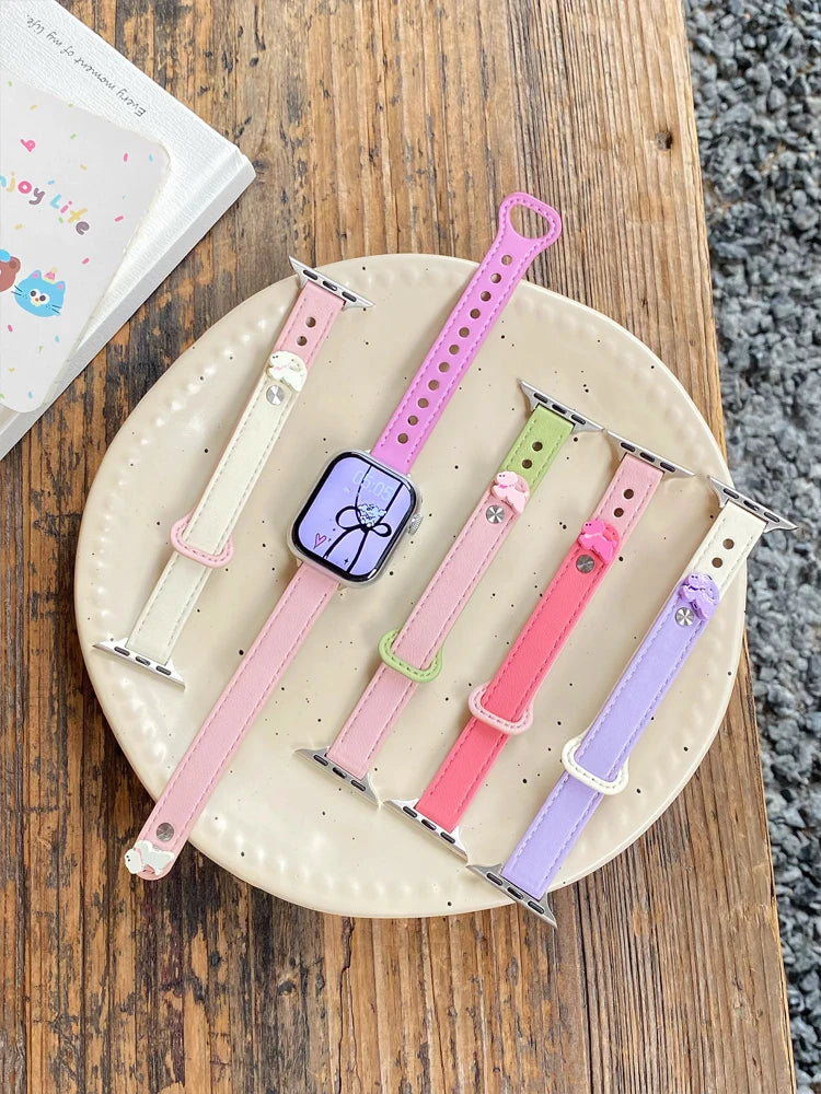 Cute Dog Leather Band For iWatch Ultra 10 9 8 7 6 5 4 Slim Woman Bracelet Strap For Apple Watch 38mm 40mm 41mm 42mm 45 46mm 49mm