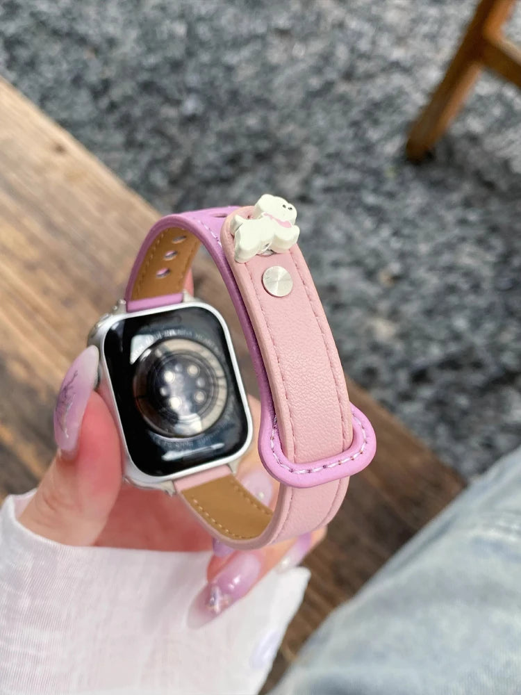 Cute Dog Leather Band For iWatch Ultra 10 9 8 7 6 5 4 Slim Woman Bracelet Strap For Apple Watch 38mm 40mm 41mm 42mm 45 46mm 49mm