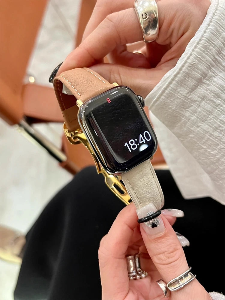 Luxury Real Leather Band For Apple Watch Ultra 10 9 8 7 6 5 4 Women Bracelet Strap For iWatch 38mm 40mm 41mm 42mm 45mm 46mm 49mm