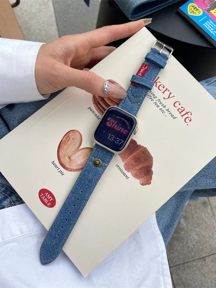 Luxury Leather Band For iWatch Ultra 10 9 8 7 6 5 4 SE Y2k Denim Bracelet Strap For Apple Watch 38mm 41mm 40 42mm 45mm 46mm 49mm