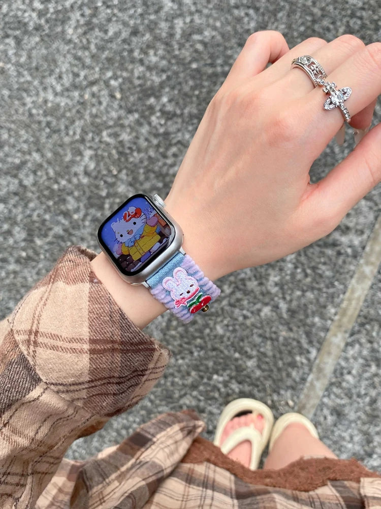 Cute Bear Leather Band For iWatch Ultra 10 9 8 7 6 5 SE 4 Denim Girl Bracelet Strap For Apple Watch 38mm 41mm 42 45mm 46mm 49mm